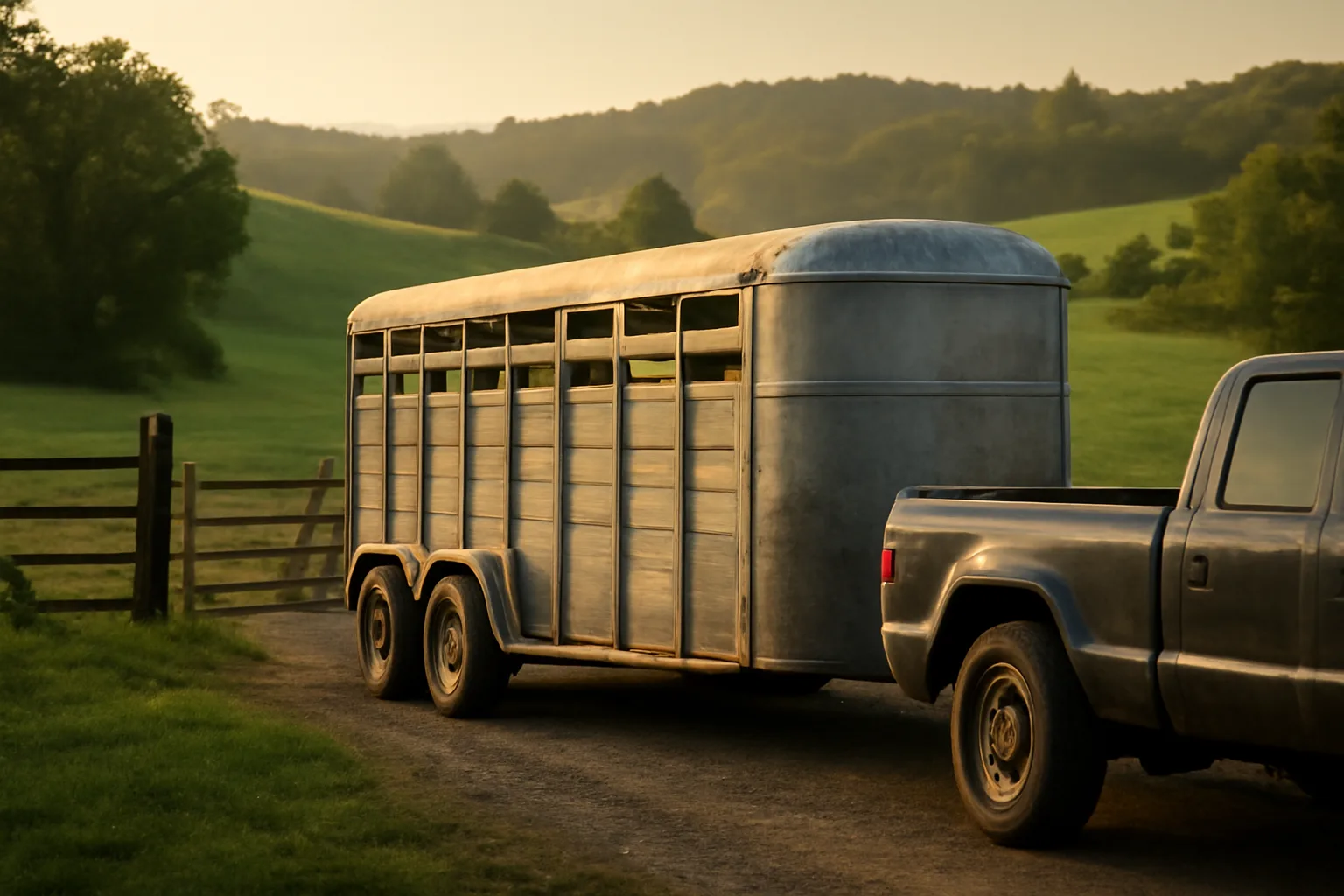 Livestock trailer hitched to a truck at a Tennessee farm gate at dawn