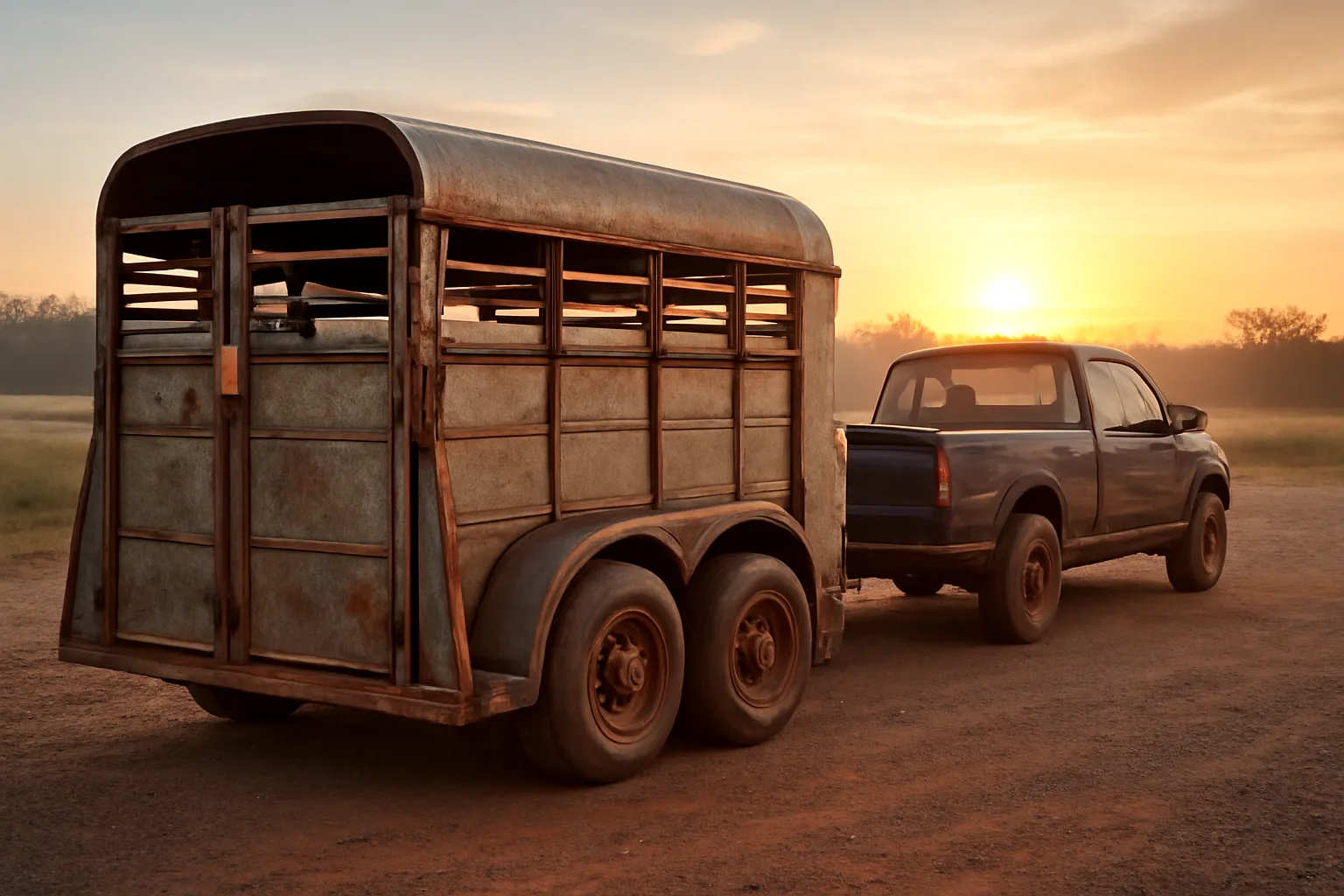 A livestock hauler's trailer parked on red clay at sunrise in Alabama.
