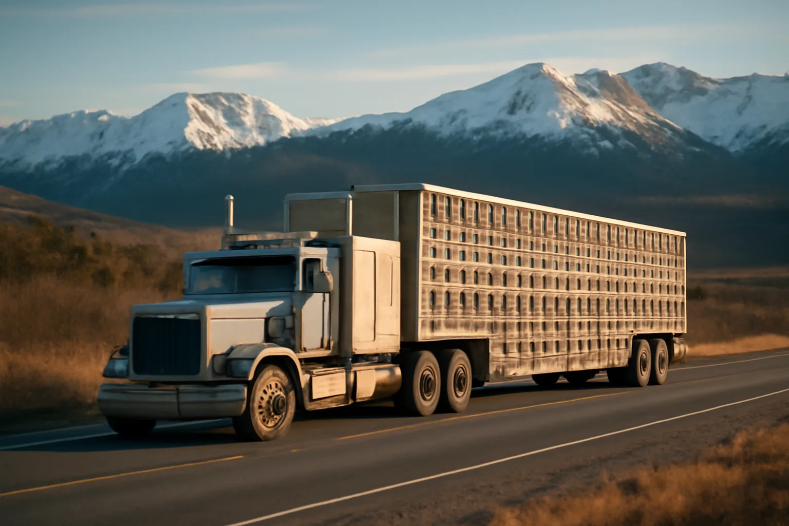 A livestock hauler truck on an Alaskan highway with mountains behind