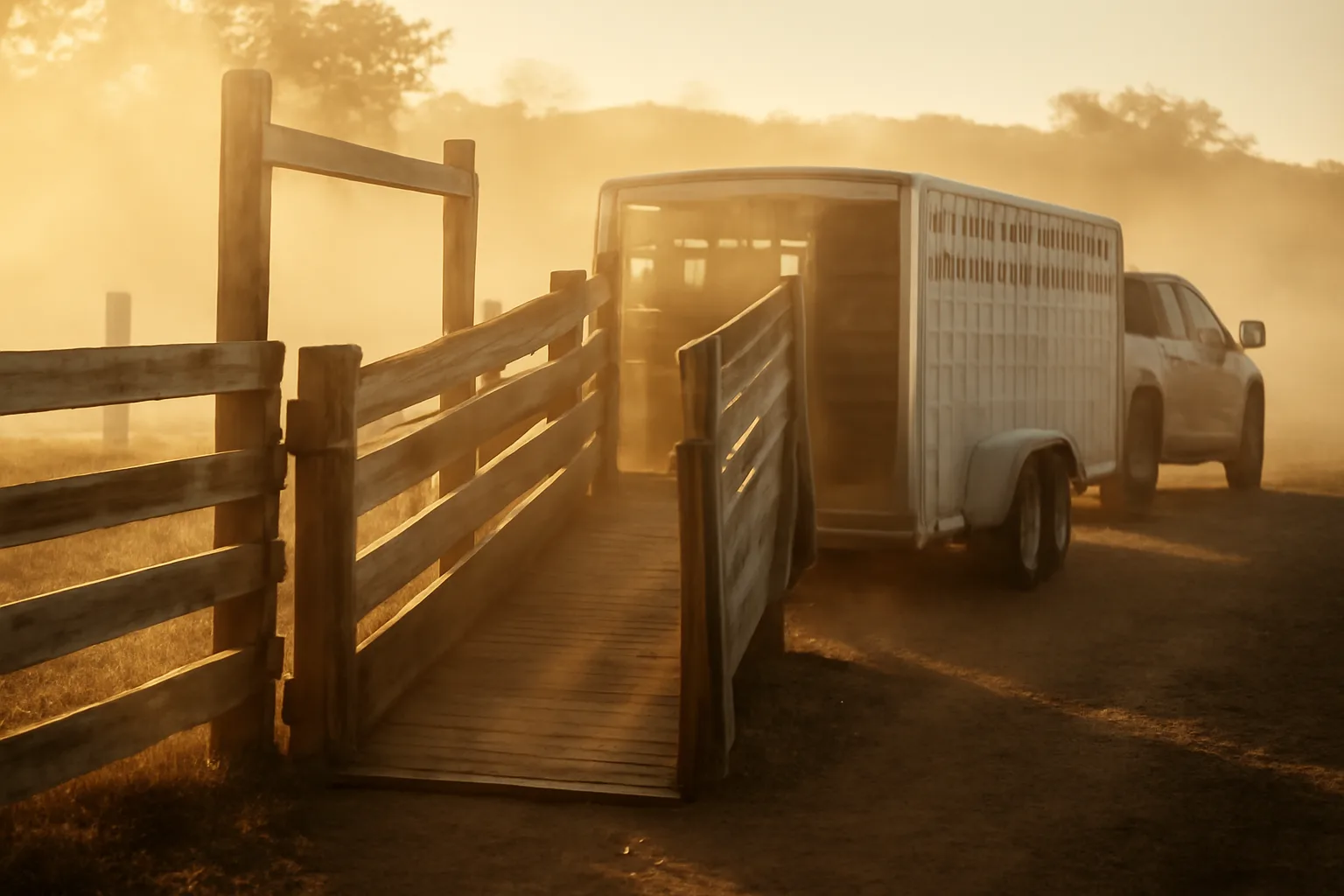 Stock trailer at north Arkansas sale barn loading chute in early light