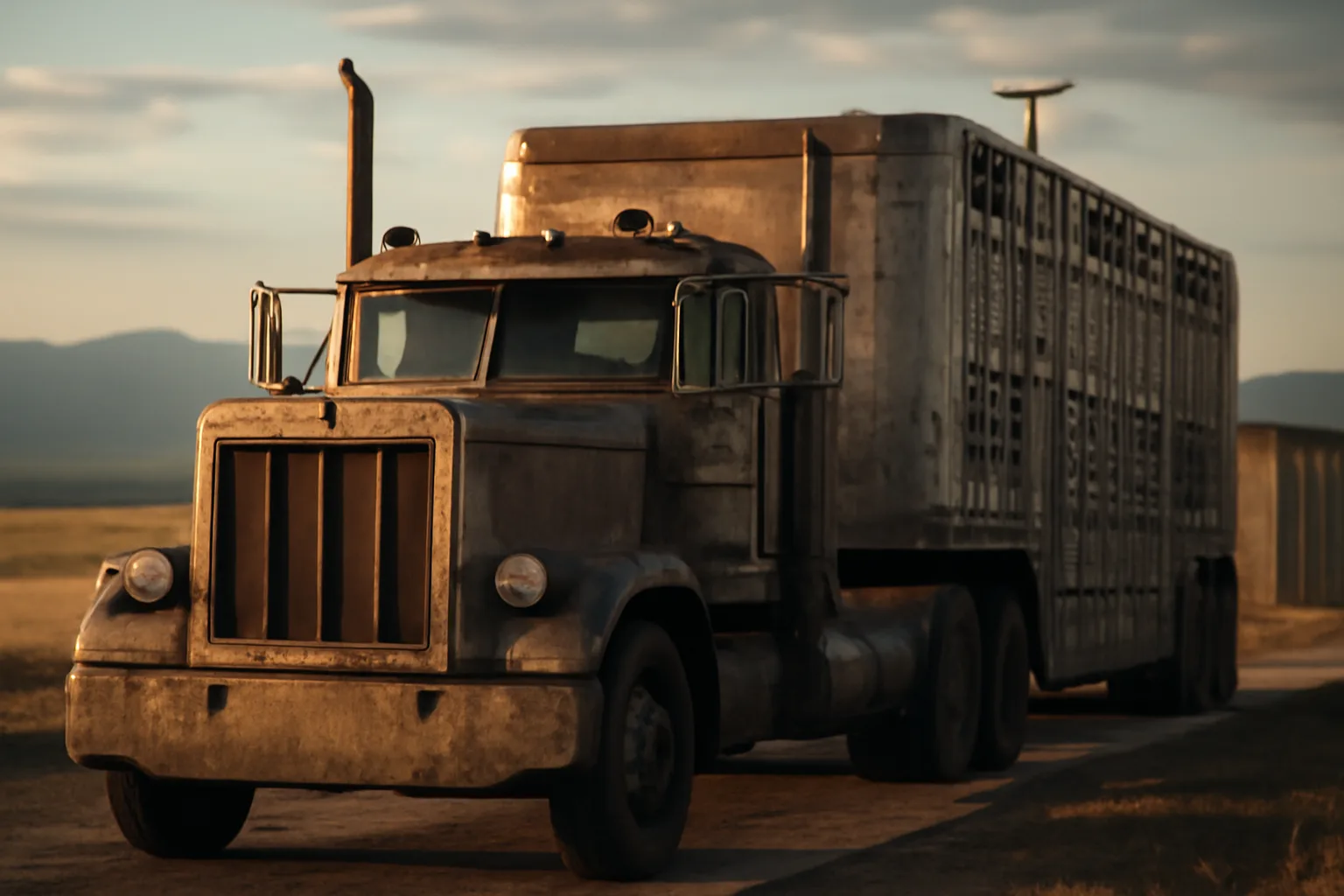 Livestock hauler semi-truck parked at a Colorado weigh station at golden hour