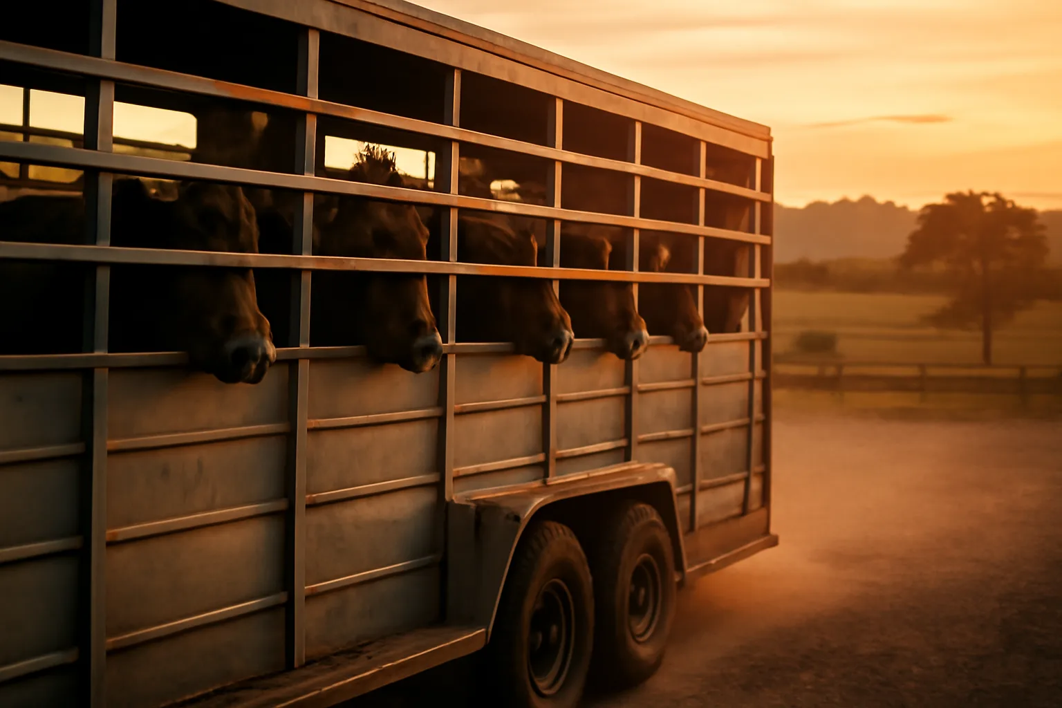 Livestock trailer loaded with cattle parked on a gravel lot at dusk