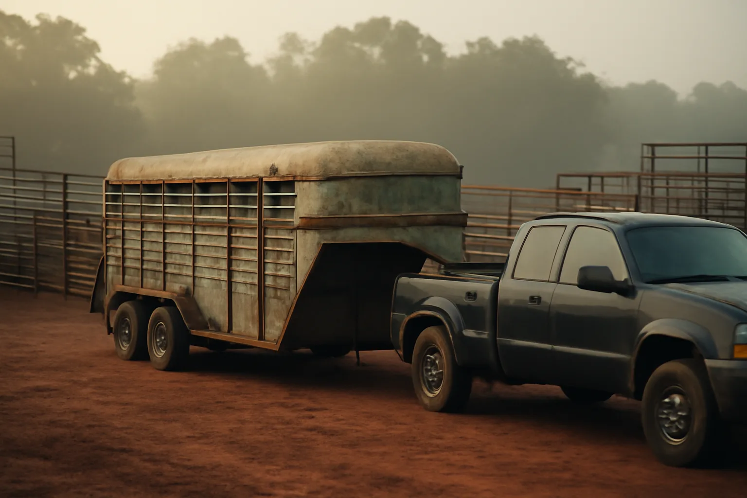 Weathered gooseneck stock trailer and dually pickup at Alabama cattle auction yard