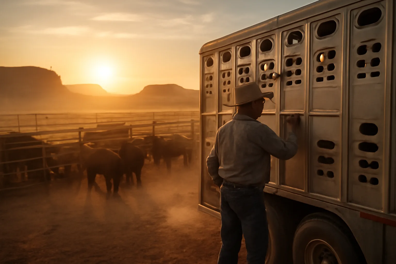 Livestock hauler with trailer at a dusty Arizona stockyard
