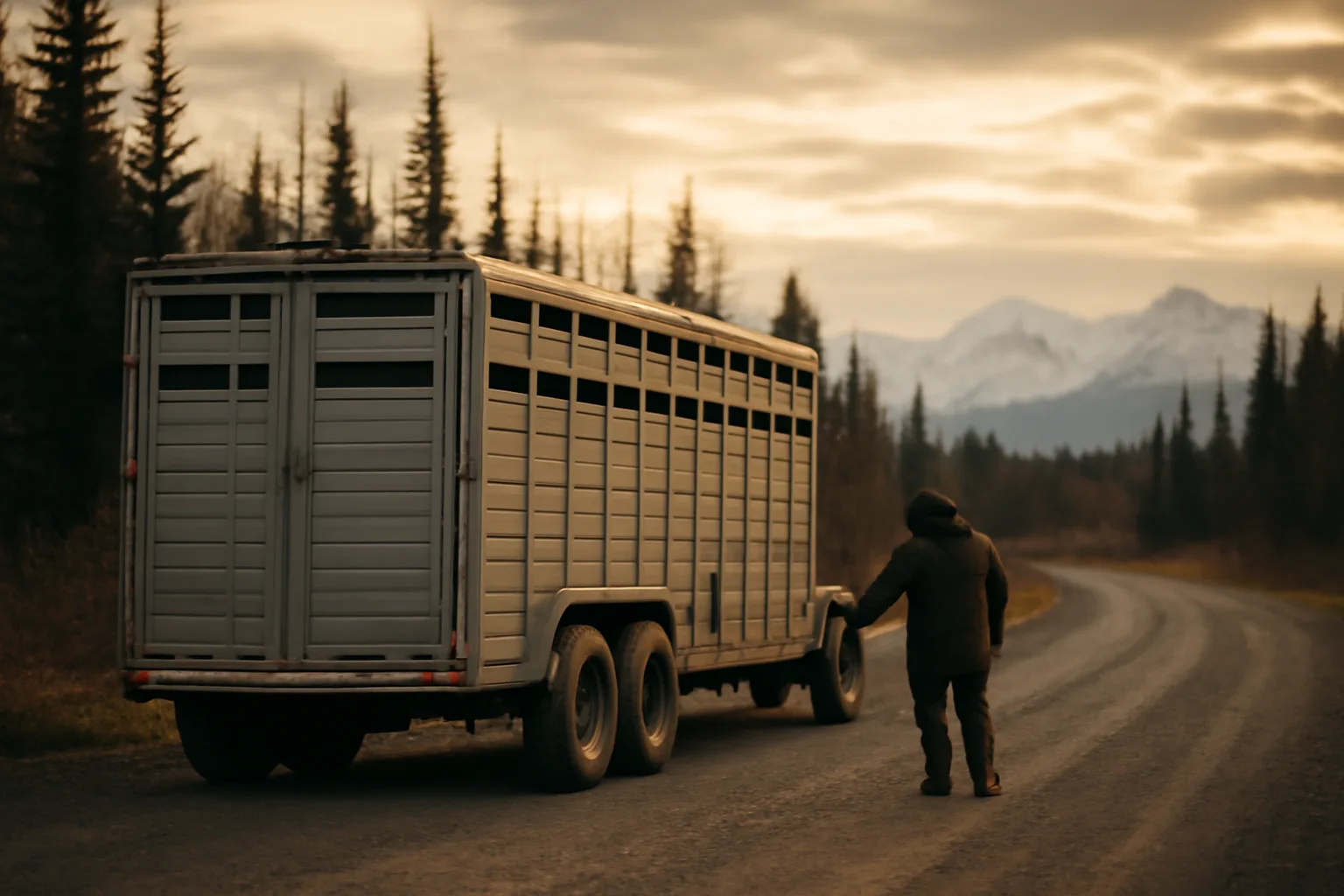 Person inspecting cattle trailer on remote Alaska gravel road in autumn