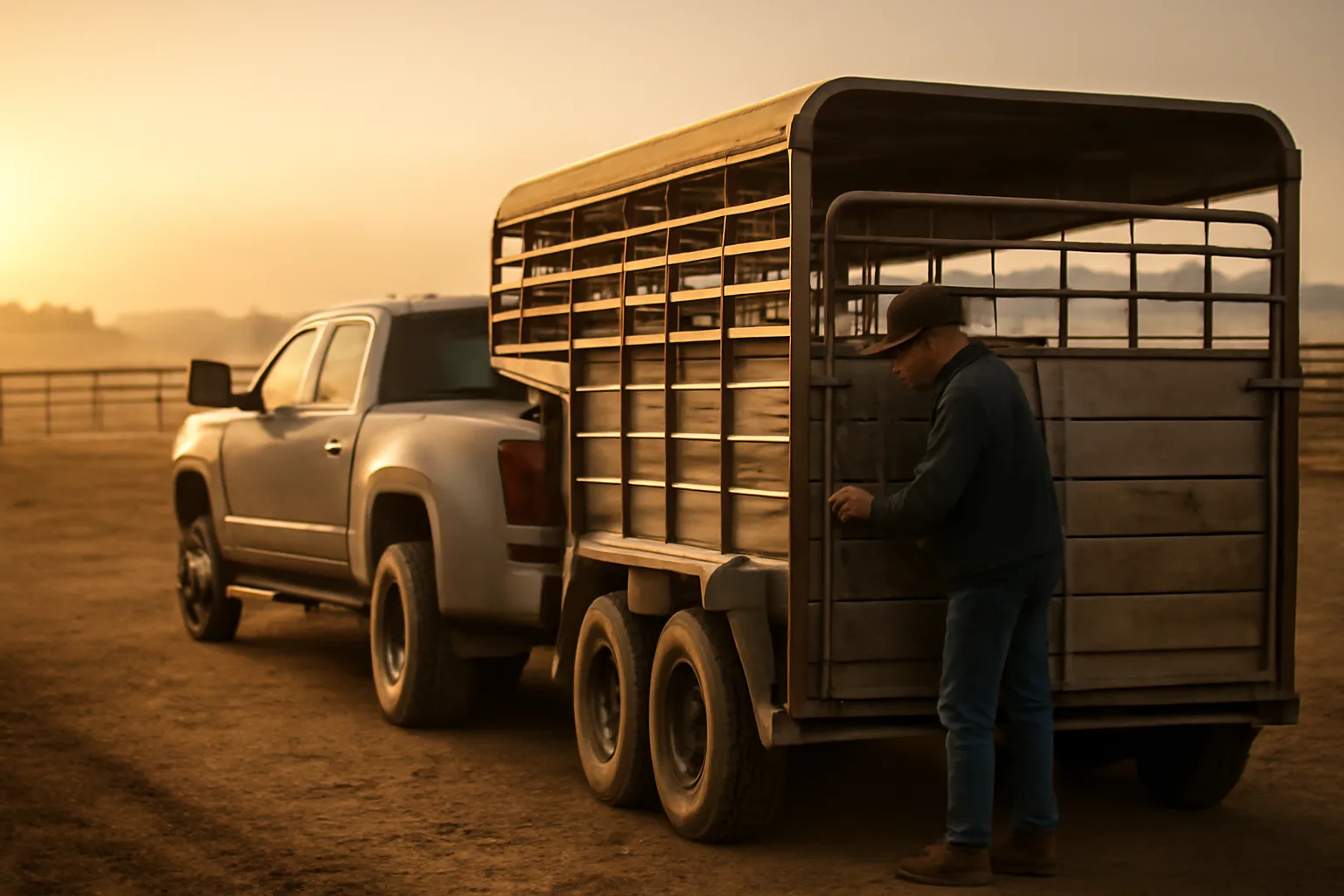 One-ton dually and gooseneck stock trailer at California feedyard before livestock hauling