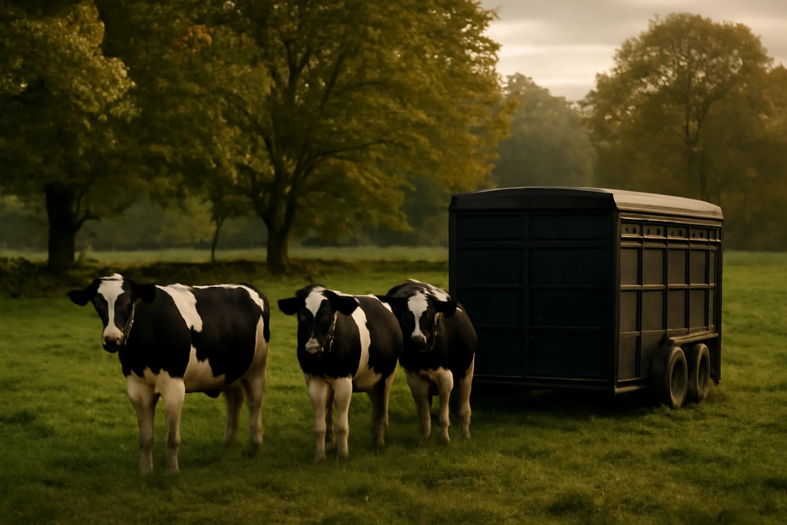 Unlettered livestock trailer beside dairy cows in a Connecticut pasture