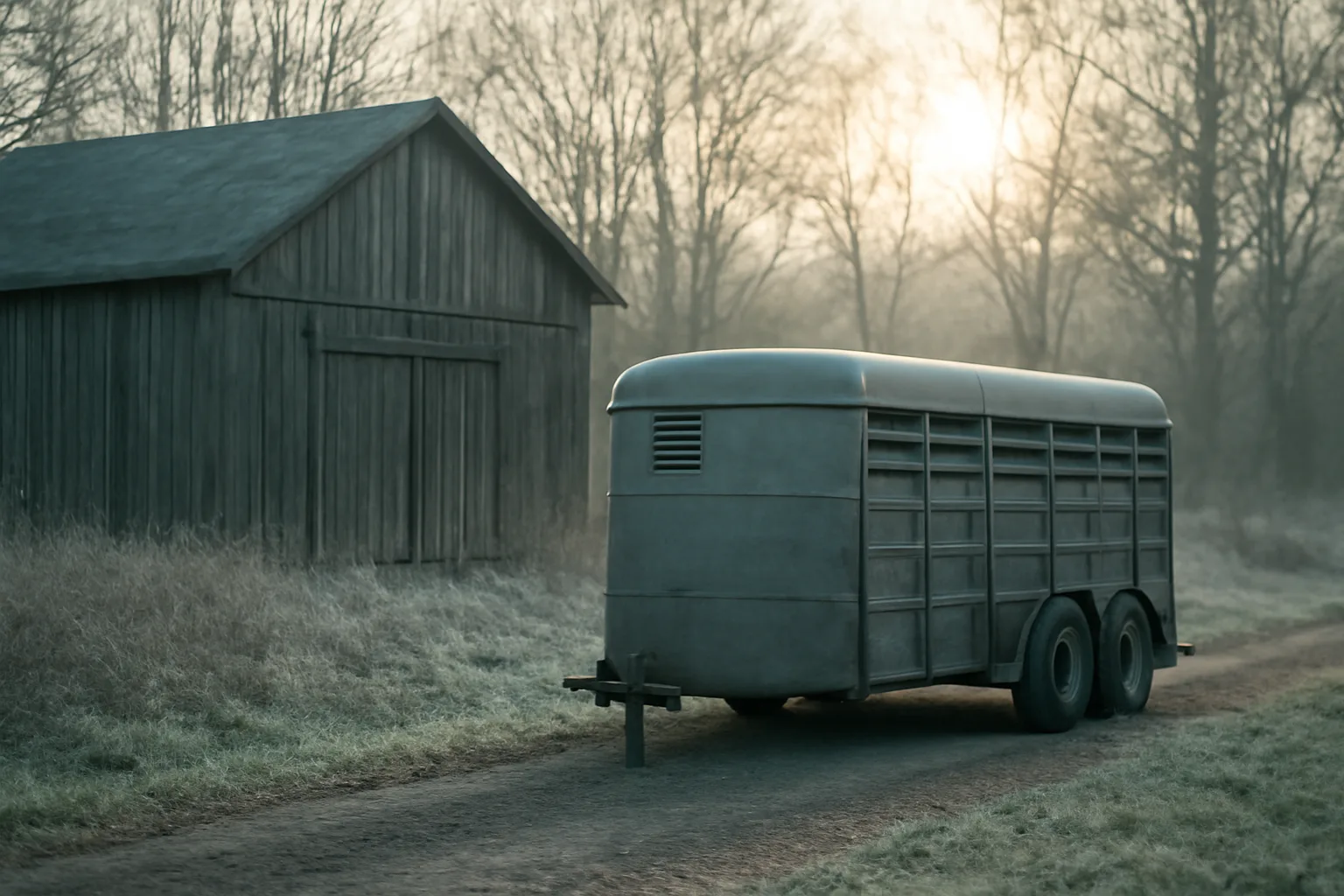 Empty stock trailer by a Delaware barn at winter dawn