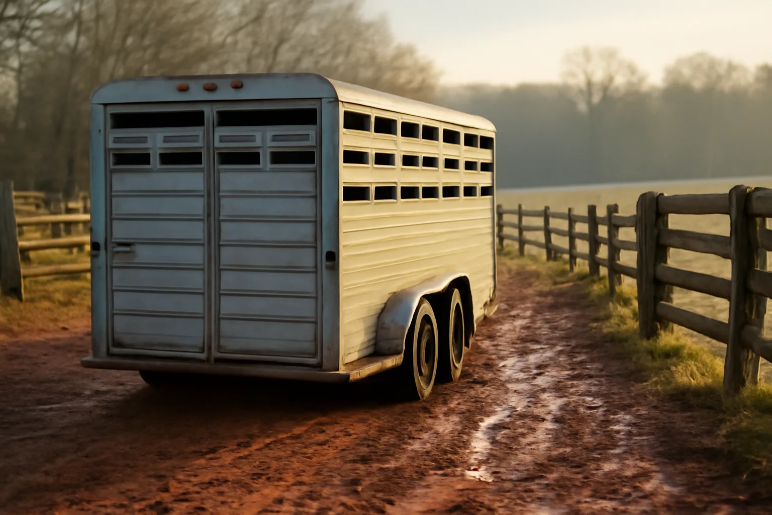Livestock hauler trailer parked on red Georgia clay at dawn