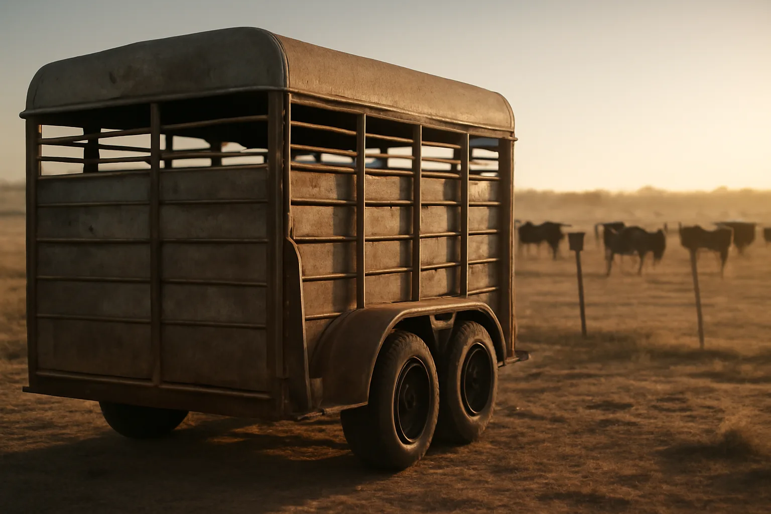 Cattle hauling trailer at a Texas pasture fence at early morning light