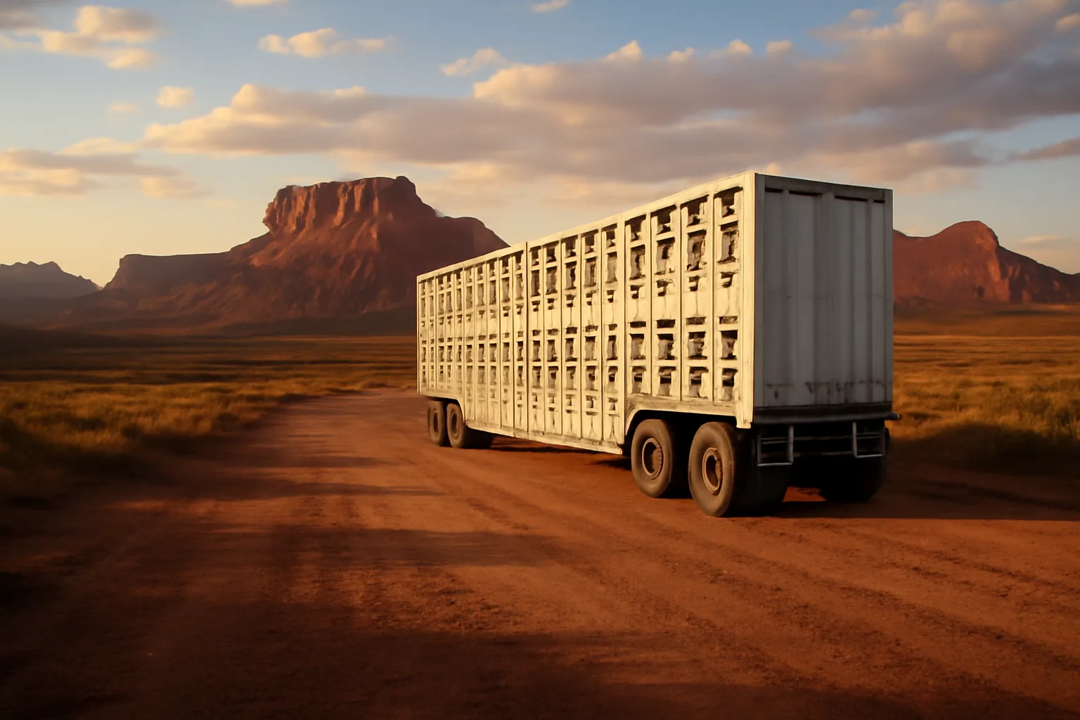 Livestock semi-trailer parked in a Utah valley with red rock formations at golden hour