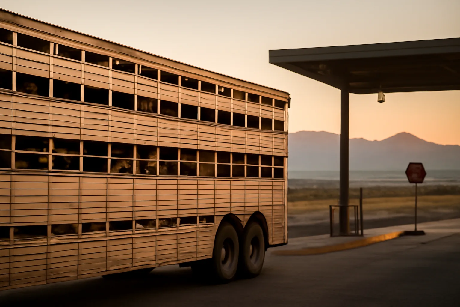 Loaded livestock trailer at a Colorado roadside inspection point at dawn