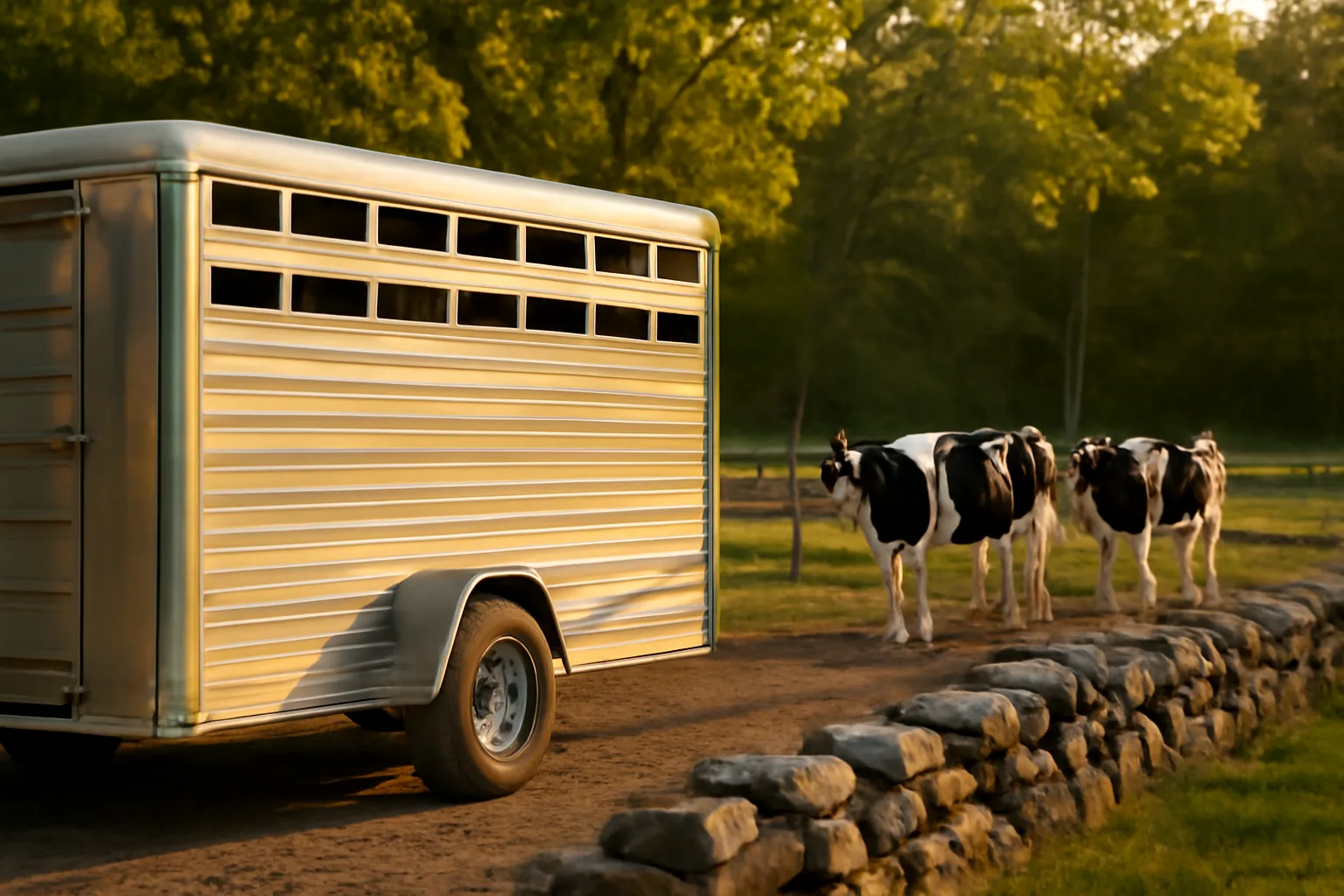 Aluminum stock trailer parked by a Connecticut dairy paddock at dusk