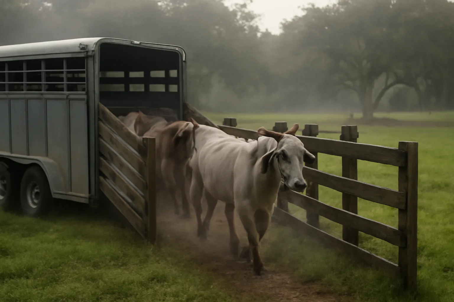 Cattle moving up a wooden chute into a Florida livestock trailer