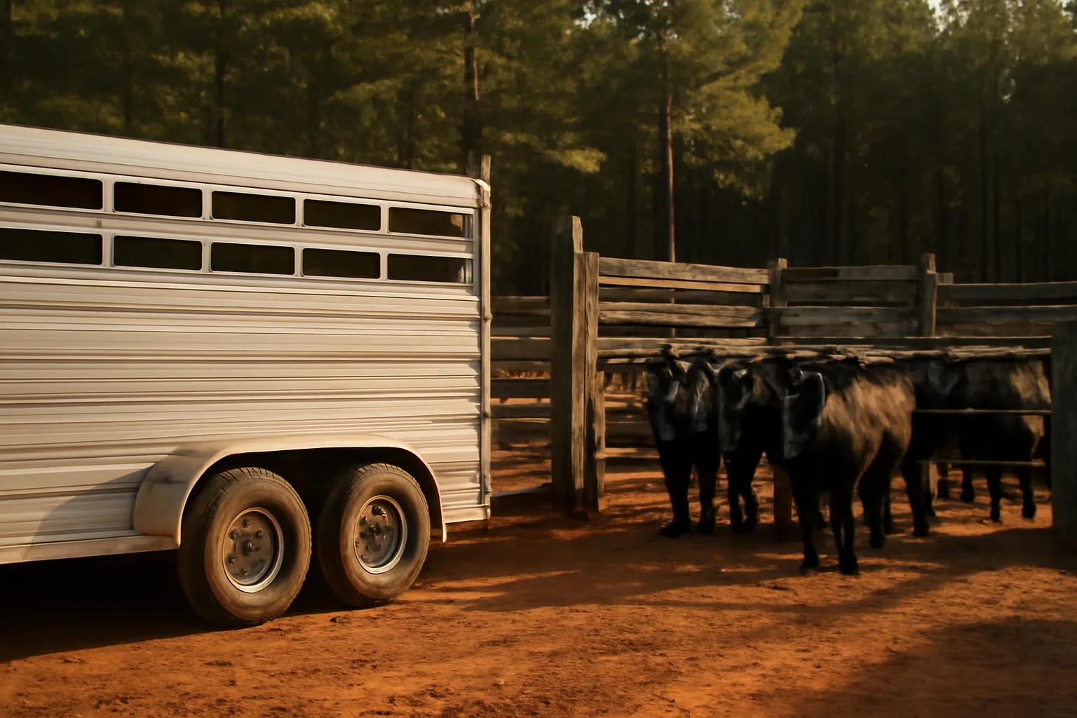 Unlettered livestock hauler trailer beside cattle in rural Georgia
