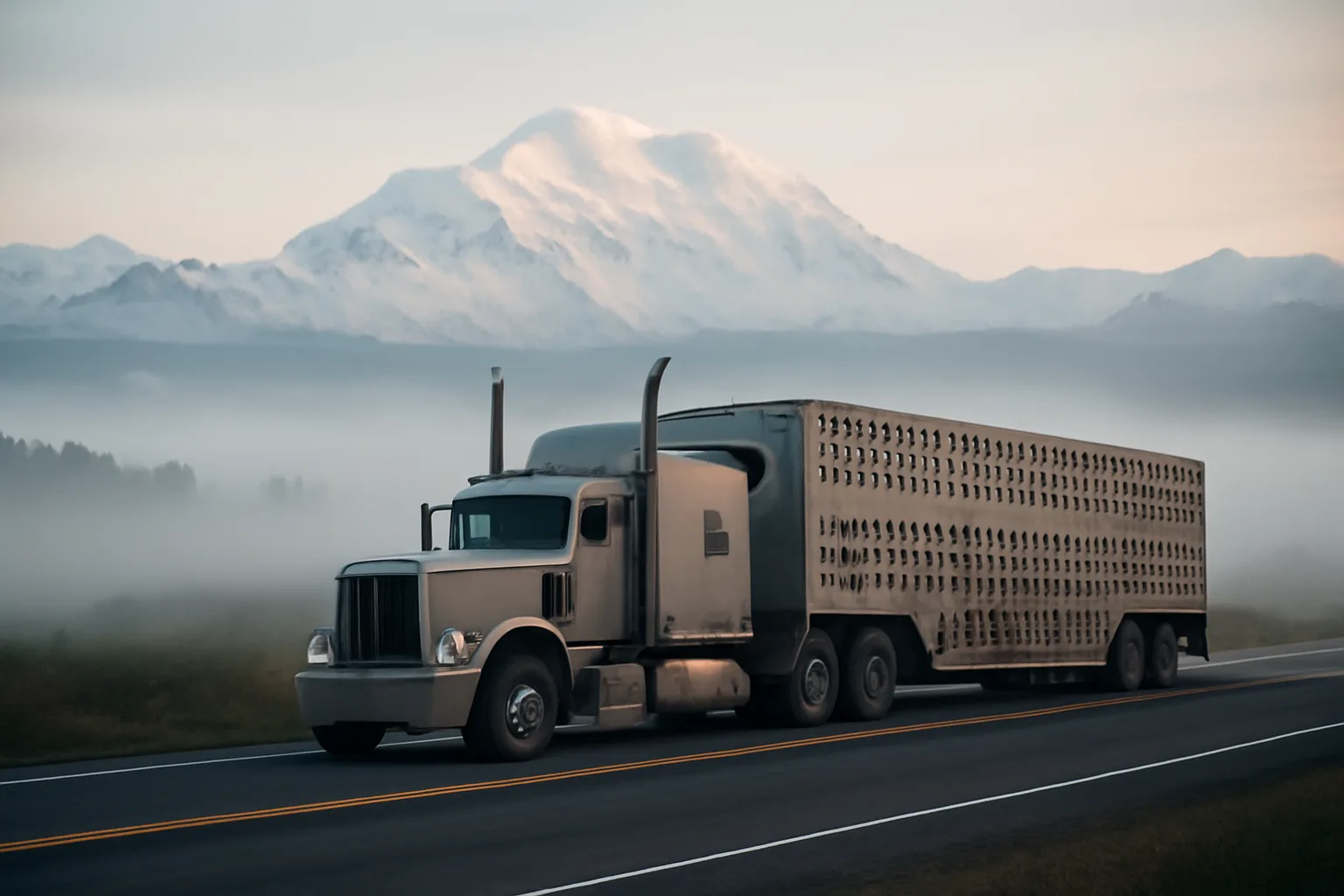 Livestock hauler truck and trailer driving on Alaska highway with mountains