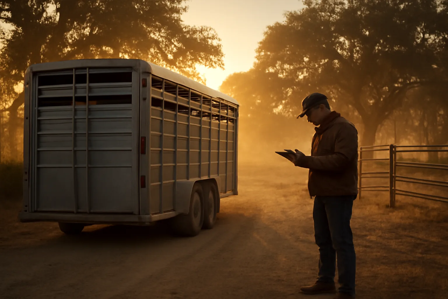 A driver reviews paperwork beside a livestock trailer on a ranch road in California.