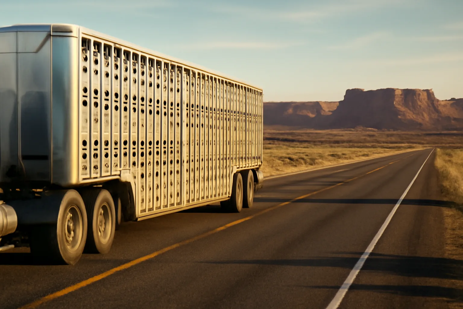 Aluminum livestock trailer on a Colorado highway at golden hour with mesas in background