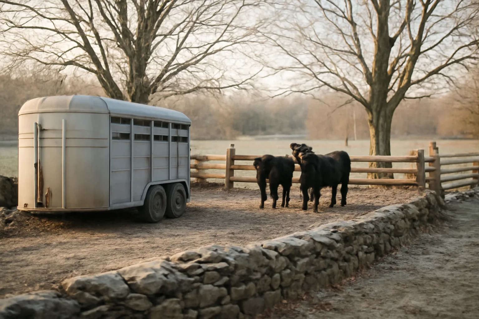Livestock hauler stock trailer beside cattle in a Connecticut farmyard