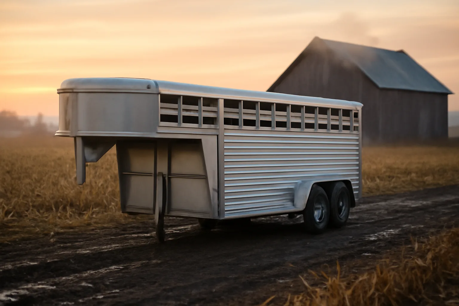 Livestock trailer parked by a Delaware cornfield at sunrise