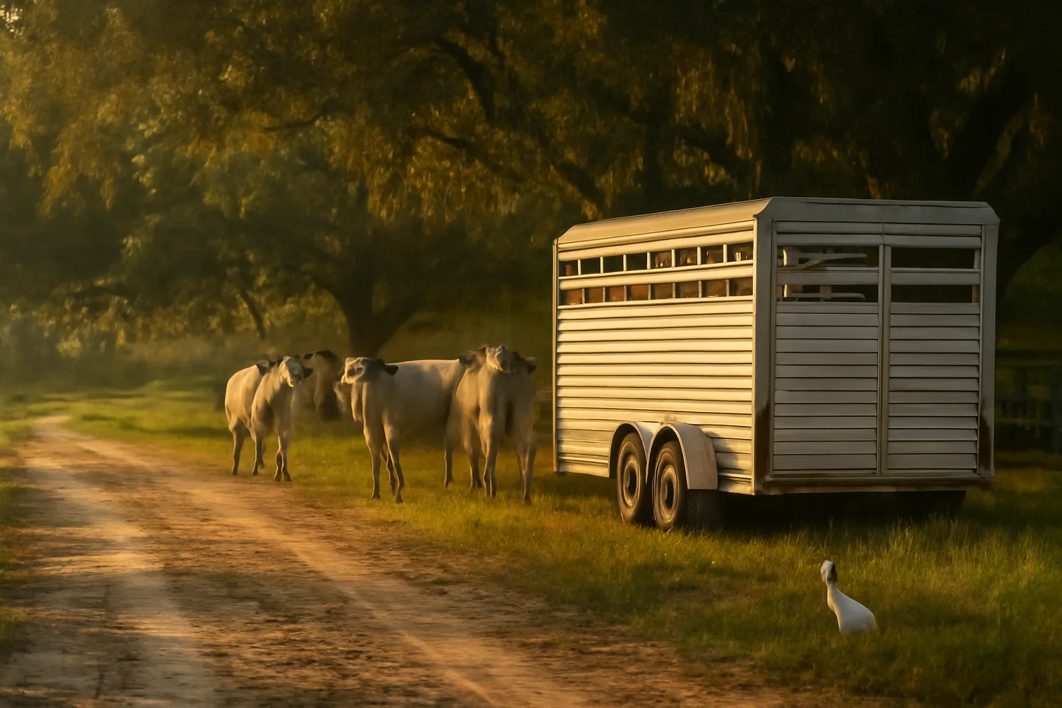 Livestock trailer and cattle in oak shade on a Florida ranch