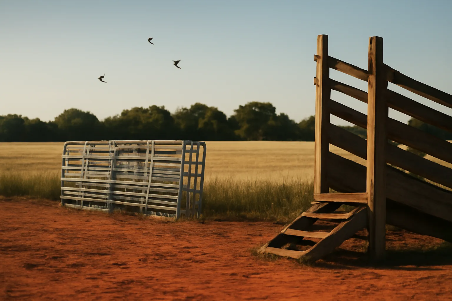Empty Georgia livestock chute and panels on red clay at sunset