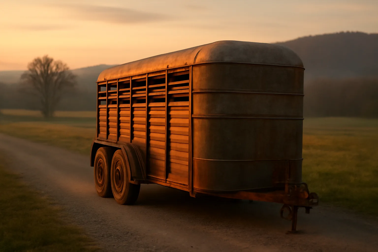 Weathered livestock trailer on a gravel lane at dawn in rural Tennessee