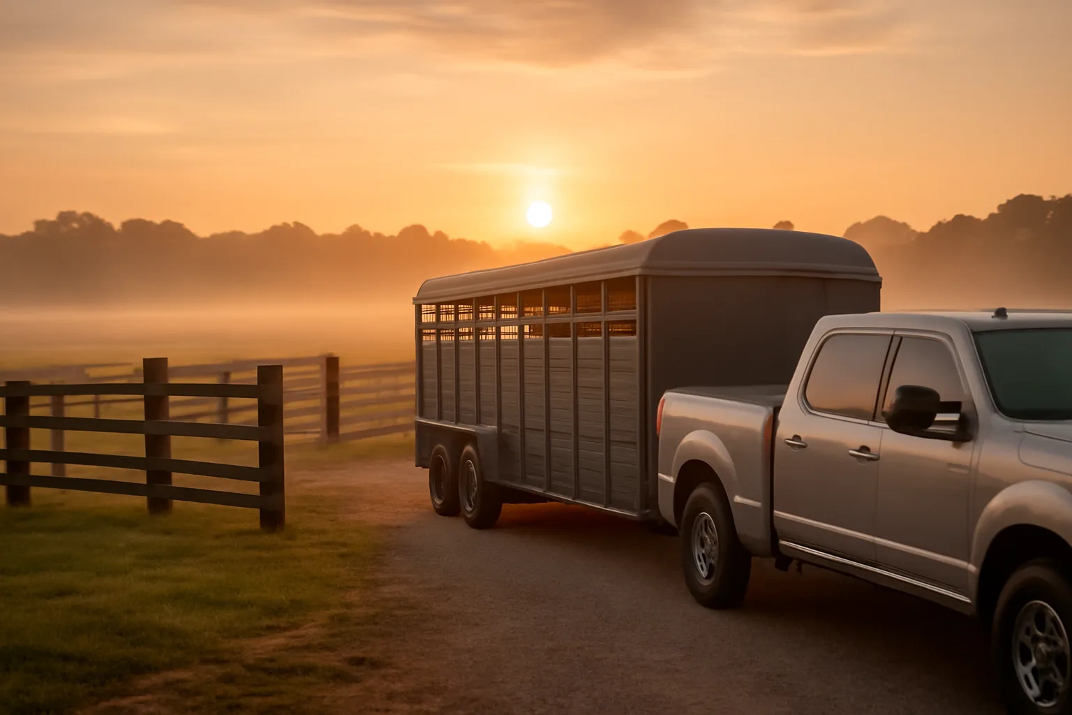 Livestock trailer parked at an Alabama cattle farm in morning light