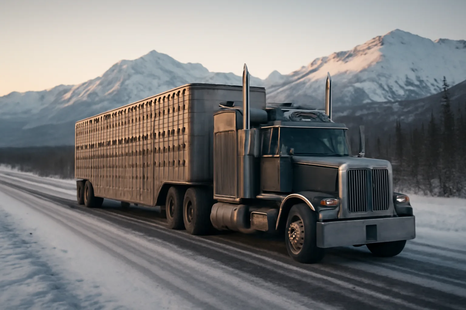 Truck and cattle trailer on snowy Alaskan highway with mountains