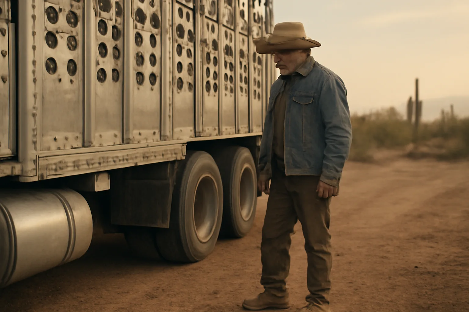 livestock hauler in Arizona standing by cattle trailer