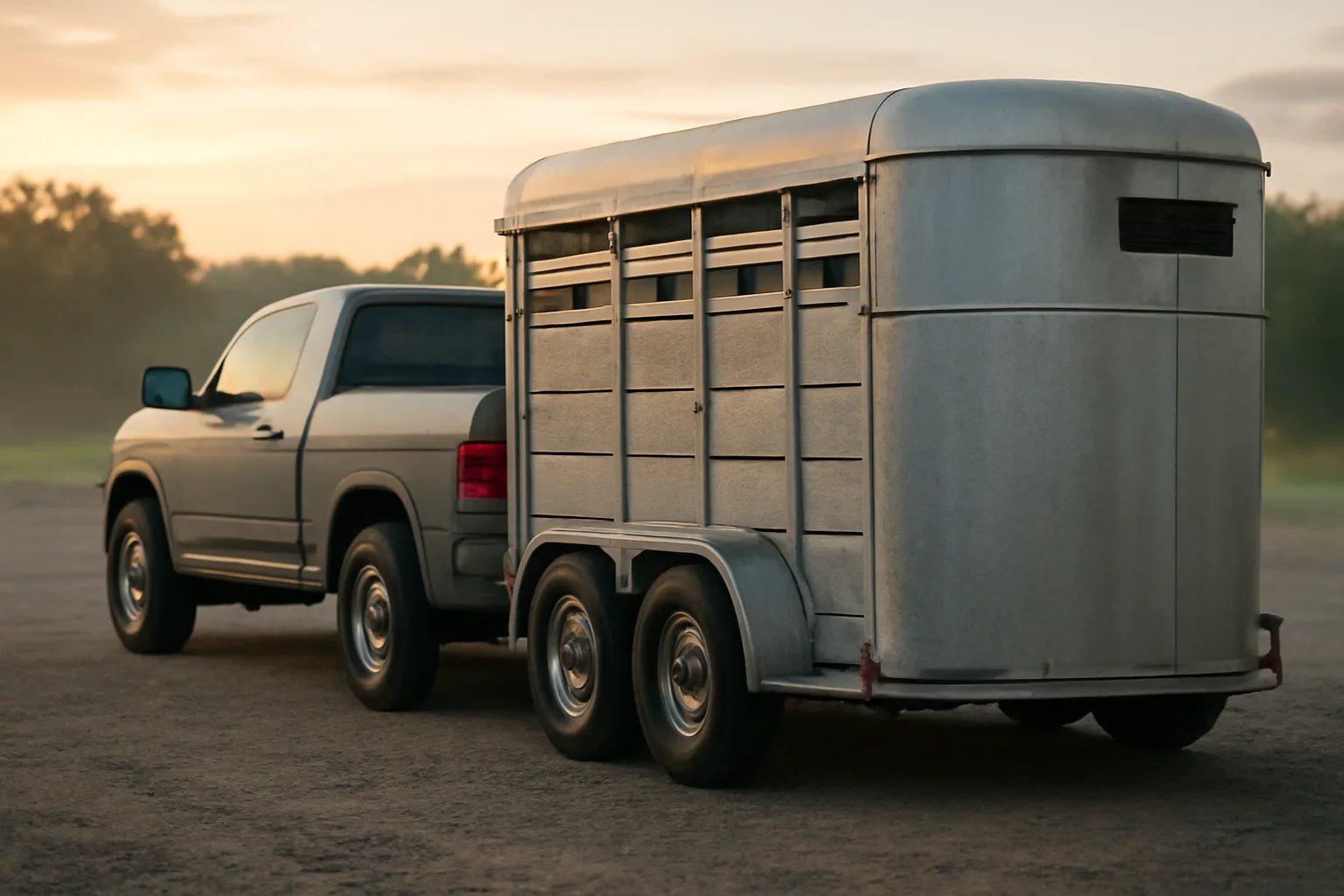 Stock trailer and pickup on Arkansas gravel lot at dawn