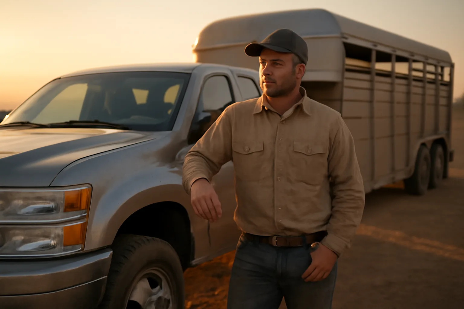 Livestock hauler leaning against truck and stock trailer at sunset in California's Central Valley