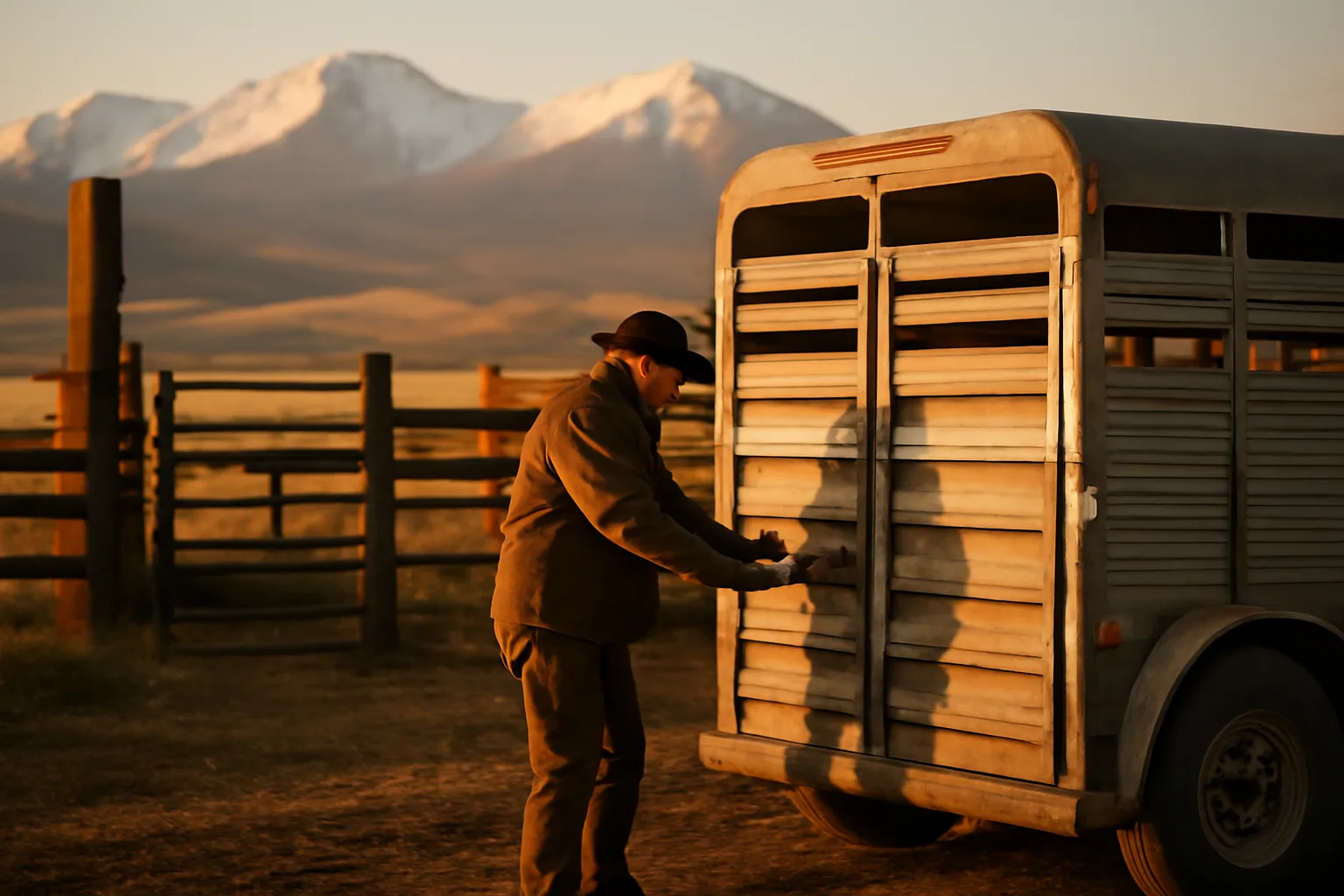 Cattle trailer at a Colorado ranch loading chute at dawn with mountain backdrop