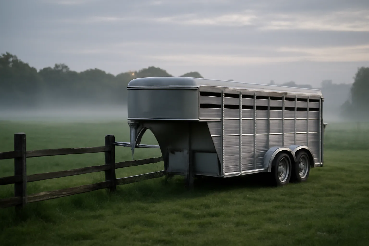 Unmarked livestock trailer beside a Connecticut pasture fence at dawn