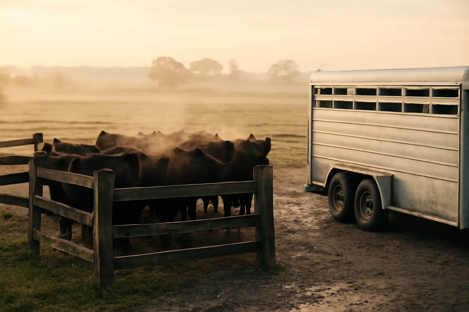 Unlettered livestock trailer beside cattle on a Delaware farm