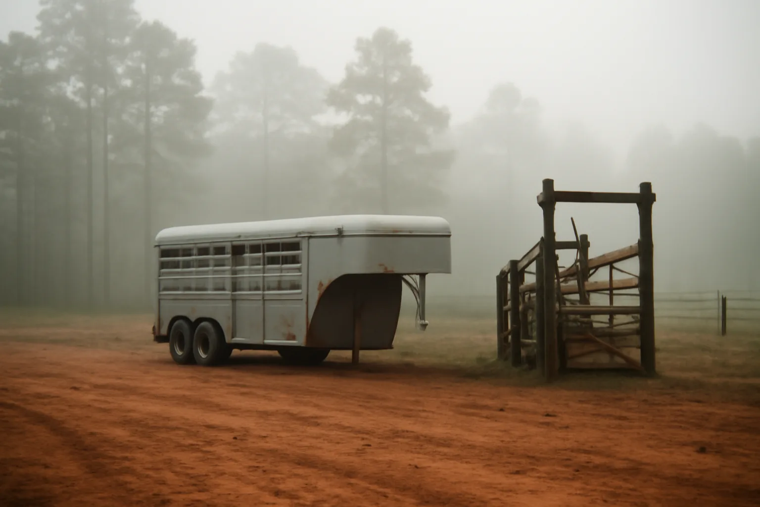 Livestock hauler stock trailer beside a chute on a foggy Georgia farm