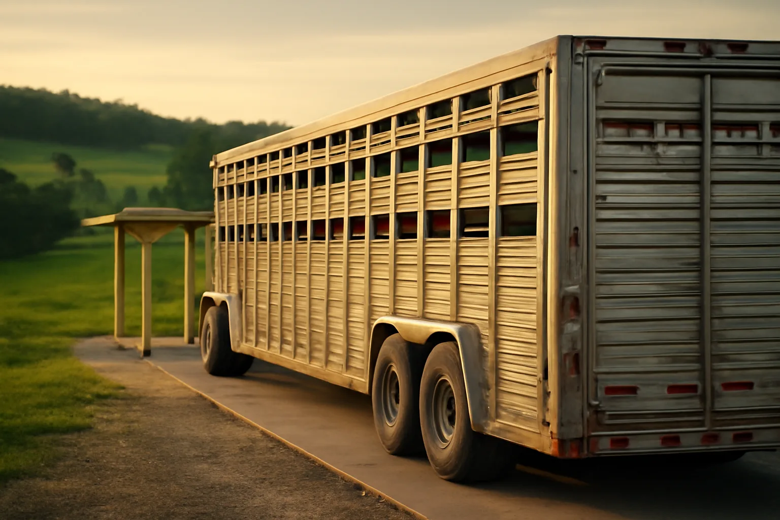 Aluminum livestock trailer at a rural Tennessee weigh station at golden hour