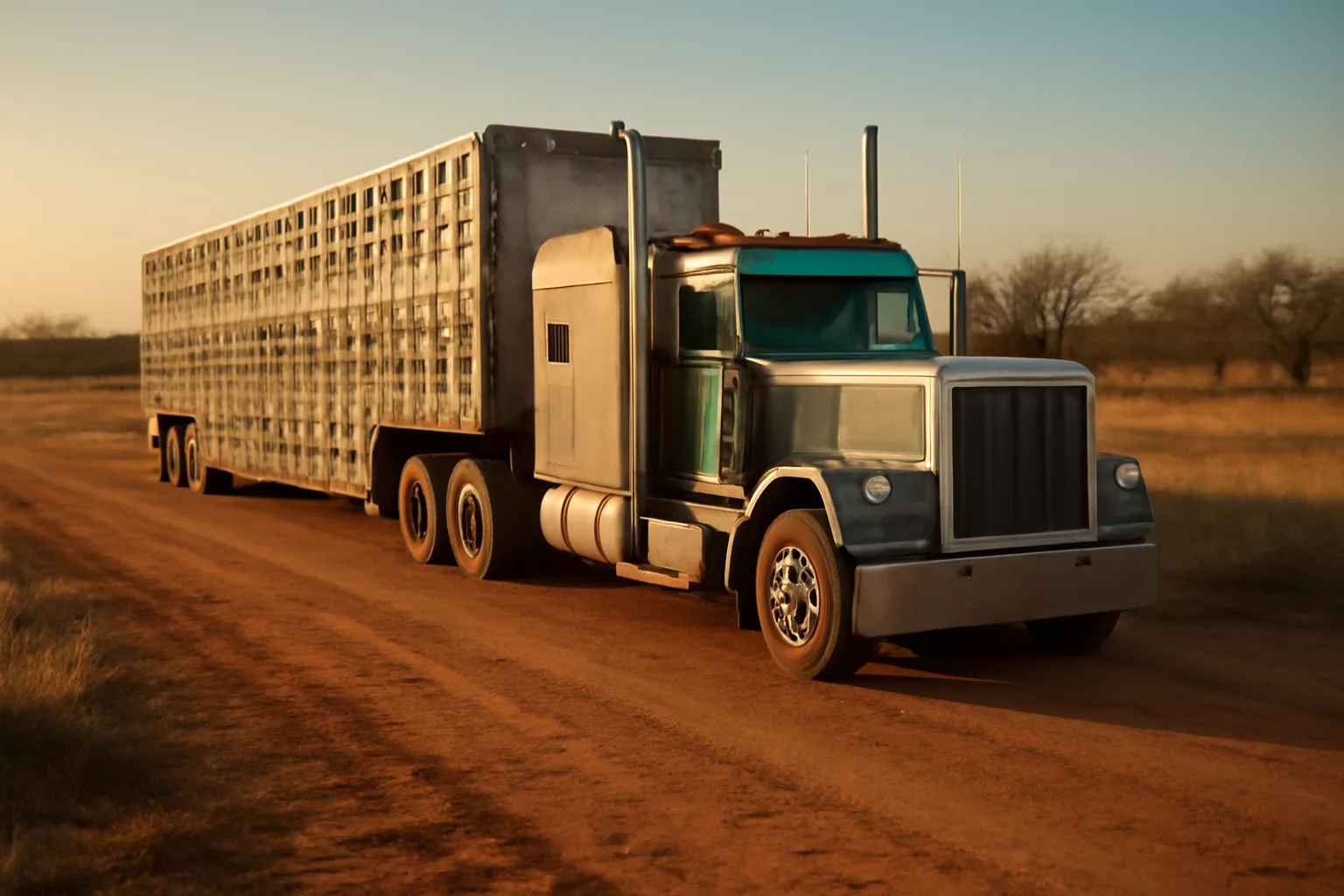 Livestock hauler truck with cattle trailer on a Texas ranch road at golden hour