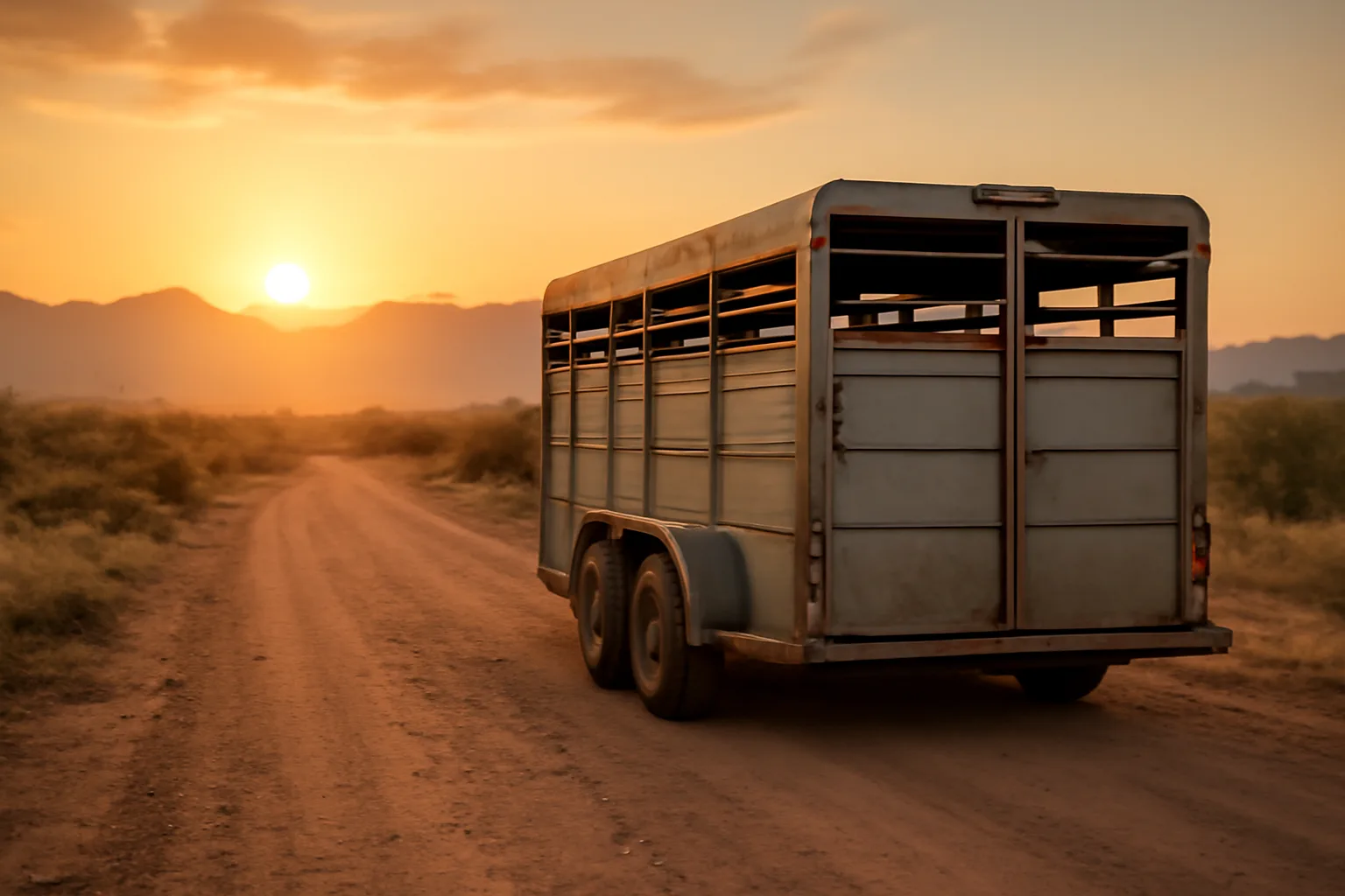 Livestock trailer on an Arizona ranch road at sunrise