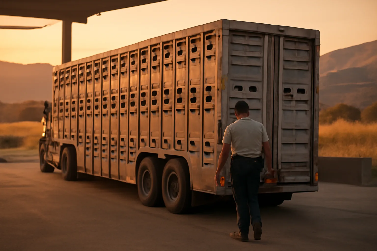 Cattle trailer at a California agricultural inspection station at dawn with inspector approaching