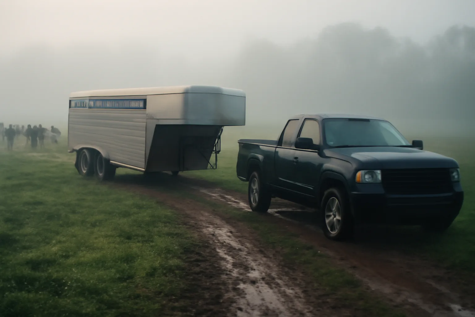 Unmarked livestock trailer beside a foggy Delaware pasture at dawn